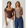 QINSEN Women’s Square Neck Short Sleeve Double-Layer Tops Basic Slim Fit Going Out T Shirt(Coffee Bean)