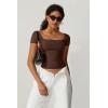 QINSEN Women’s Square Neck Short Sleeve Double-Layer Tops Basic Slim Fit Going Out T Shirt(Coffee Bean)