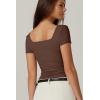 QINSEN Women’s Square Neck Short Sleeve Double-Layer Tops Basic Slim Fit Going Out T Shirt(Coffee Bean)