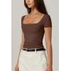 QINSEN Women’s Square Neck Short Sleeve Double-Layer Tops Basic Slim Fit Going Out T Shirt(Coffee Bean)
