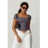 QINSEN Women’s Square Neck Short Sleeve Double-Layer Tops Basic Slim Fit Going Out T Shirt(Dark Grey)