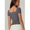QINSEN Women’s Square Neck Short Sleeve Double-Layer Tops Basic Slim Fit Going Out T Shirt(Dark Grey)