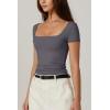 QINSEN Women’s Square Neck Short Sleeve Double-Layer Tops Basic Slim Fit Going Out T Shirt(Dark Grey)