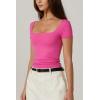 QINSEN Women’s Square Neck Short Sleeve Double-Layer Tops Basic Slim Fit Going Out T Shirt(Magenta)