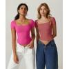 QINSEN Women’s Square Neck Short Sleeve Double-Layer Tops Basic Slim Fit Going Out T Shirt(Magenta)