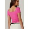 QINSEN Women’s Square Neck Short Sleeve Double-Layer Tops Basic Slim Fit Going Out T Shirt(Magenta)