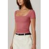 QINSEN Women’s Square Neck Short Sleeve Double-Layer Tops Basic Slim Fit Going Out T Shirt(Merlot)