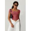 QINSEN Women’s Square Neck Short Sleeve Double-Layer Tops Basic Slim Fit Going Out T Shirt(Merlot)