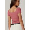QINSEN Women’s Square Neck Short Sleeve Double-Layer Tops Basic Slim Fit Going Out T Shirt(Merlot)