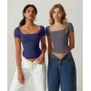QINSEN Women’s Square Neck Short Sleeve Double-Layer Tops Basic Slim Fit Going Out T Shirt(Navy)