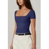 QINSEN Women’s Square Neck Short Sleeve Double-Layer Tops Basic Slim Fit Going Out T Shirt(Navy)
