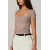 QINSEN Women’s Square Neck Short Sleeve Double-Layer Tops Basic Slim Fit Going Out T Shirt(Rose Taupe)