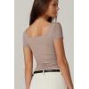 QINSEN Women’s Square Neck Short Sleeve Double-Layer Tops Basic Slim Fit Going Out T Shirt(Rose Taupe)