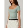 QINSEN Women’s Square Neck Short Sleeve Double-Layer Tops Basic Slim Fit Going Out T Shirt(Smoke Green)