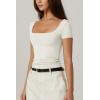 QINSEN Women’s Square Neck Short Sleeve Double-Layer Tops Basic Slim Fit Going Out T Shirt(Splashed White)