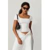 QINSEN Women’s Square Neck Short Sleeve Double-Layer Tops Basic Slim Fit Going Out T Shirt(Splashed White)
