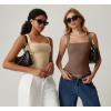 QINSEN Women’s Square Neck Sleeveless Double-Layer Tank Tops Basic Tight T Shirts(Tan)