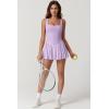 QINSEN Womens Square Neck Tennis Dress Pleated Sleeveless Built in Shorts Golf Athletic Dress with Pockets(Light Purple)