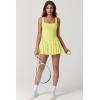 QINSEN Womens Square Neck Tennis Dress Pleated Sleeveless Built in Shorts Golf Athletic Dress with Pockets(Light Yellow)