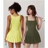 QINSEN Womens Square Neck Tennis Dress Pleated Sleeveless Built in Shorts Golf Athletic Dress with Pockets(Light Yellow)