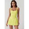 QINSEN Womens Square Neck Tennis Dress Pleated Sleeveless Built in Shorts Golf Athletic Dress with Pockets(Light Yellow)