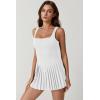 QINSEN Womens Square Neck Tennis Dress Pleated Sleeveless Built in Shorts Golf Athletic Dress with Pockets(White)
