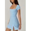 QINSEN Womens Square Neck Tennis Dress Short Sleeve Built in Shorts Golf Athletic Dress with Pockets(Airy Blue)