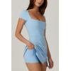 QINSEN Womens Square Neck Tennis Dress Short Sleeve Built in Shorts Golf Athletic Dress with Pockets(Airy Blue)