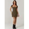 QINSEN Womens Square Neck Tennis Dress Short Sleeve Built in Shorts Golf Athletic Dress with Pockets(Army Green)