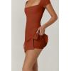 QINSEN Womens Square Neck Tennis Dress Short Sleeve Built in Shorts Golf Athletic Dress with Pockets(Brick Red)