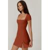 QINSEN Womens Square Neck Tennis Dress Short Sleeve Built in Shorts Golf Athletic Dress with Pockets(Brick Red)
