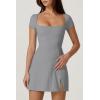 QINSEN Womens Square Neck Tennis Dress Short Sleeve Built in Shorts Golf Athletic Dress with Pockets(Brown(light Grey))