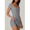 QINSEN Womens Square Neck Tennis Dress Short Sleeve Built in Shorts Golf Athletic Dress with Pockets(Brown(light Grey))