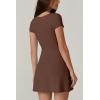 QINSEN Womens Square Neck Tennis Dress Short Sleeve Built in Shorts Golf Athletic Dress with Pockets(Chestnut)