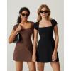 QINSEN Womens Square Neck Tennis Dress Short Sleeve Built in Shorts Golf Athletic Dress with Pockets(Chestnut)