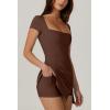 QINSEN Womens Square Neck Tennis Dress Short Sleeve Built in Shorts Golf Athletic Dress with Pockets(Chestnut)