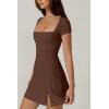 QINSEN Womens Square Neck Tennis Dress Short Sleeve Built in Shorts Golf Athletic Dress with Pockets(Chestnut)