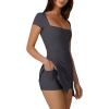 QINSEN Womens Square Neck Tennis Dress Short Sleeve Built in Shorts Golf Athletic Dress with Pockets(Deep Grey)