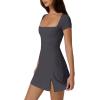 QINSEN Womens Square Neck Tennis Dress Short Sleeve Built in Shorts Golf Athletic Dress with Pockets(Deep Grey)