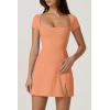 QINSEN Womens Square Neck Tennis Dress Short Sleeve Built in Shorts Golf Athletic Dress with Pockets(Mock Orange)