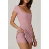 QINSEN Womens Square Neck Tennis Dress Short Sleeve Built in Shorts Golf Athletic Dress with Pockets(Pink)
