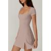 QINSEN Womens Square Neck Tennis Dress Short Sleeve Built in Shorts Golf Athletic Dress with Pockets(Rose Taupe)