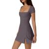 QINSEN Womens Square Neck Tennis Dress Short Sleeve Built in Shorts Golf Athletic Dress with Pockets(Tea Leaf)