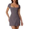 QINSEN Womens Square Neck Tennis Dress Short Sleeve Built in Shorts Golf Athletic Dress with Pockets(Tea Leaf)