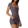 QINSEN Womens Square Neck Tennis Dress Short Sleeve Built in Shorts Golf Athletic Dress with Pockets(Tea Leaf)