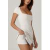 QINSEN Womens Square Neck Tennis Dress Short Sleeve Built in Shorts Golf Athletic Dress with Pockets(White)