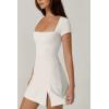 QINSEN Womens Square Neck Tennis Dress Short Sleeve Built in Shorts Golf Athletic Dress with Pockets(White)
