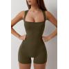 QINSEN Womens Strappy Square Neck Tank Top Tummy Control Bodycon Stretch Shorts Jumpsuit Outfits(Army Green)