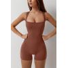QINSEN Womens Strappy Square Neck Tank Top Tummy Control Bodycon Stretch Shorts Jumpsuit Outfits(Brown)