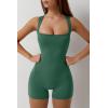 QINSEN Womens Strappy Square Neck Tank Top Tummy Control Bodycon Stretch Shorts Jumpsuit Outfits(Evergreen)